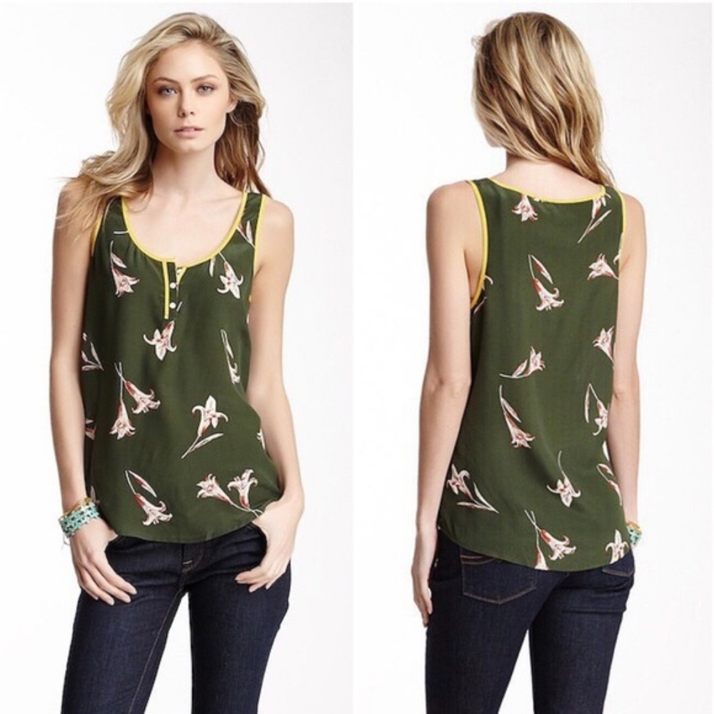 Lucky Brand Abbey Floral Silk Tank Top Small Green
